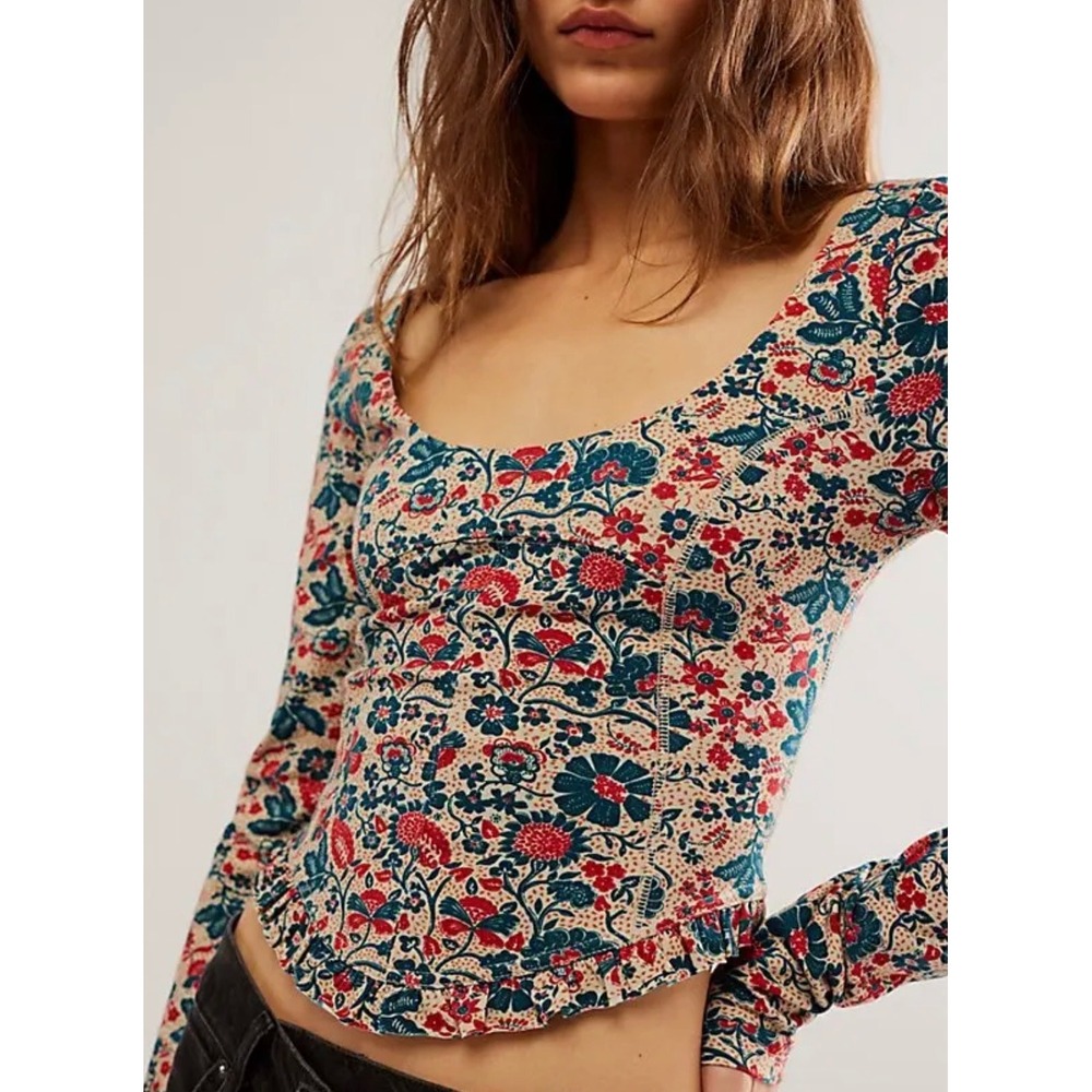 Free People sz M Ruffle Paisley Melanie Scoop Top Blouse Boho Feminine Cottage